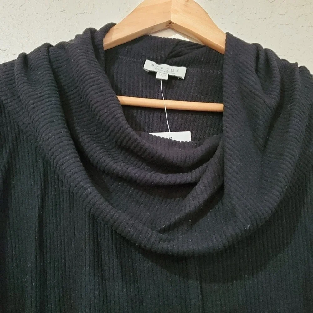 Status by Chenault Sweater Womens Small Ribbed Cowl Neck Black Oversized Soft